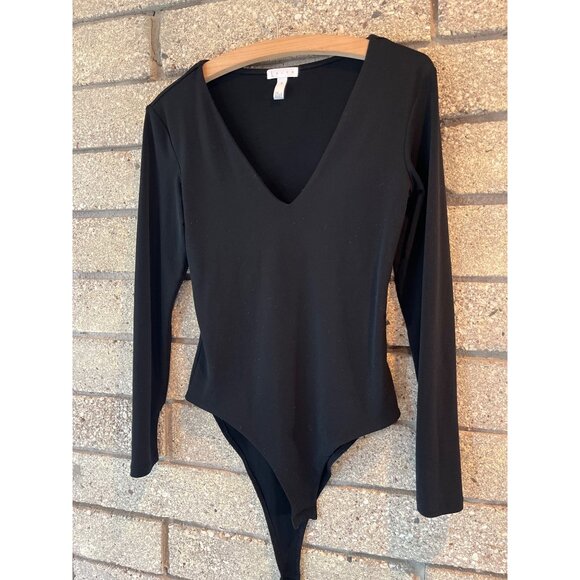 Black Long-Sleeve V-Neck Bodysuit By Leith Size M Stretch Fabric - Picture 2 of 6